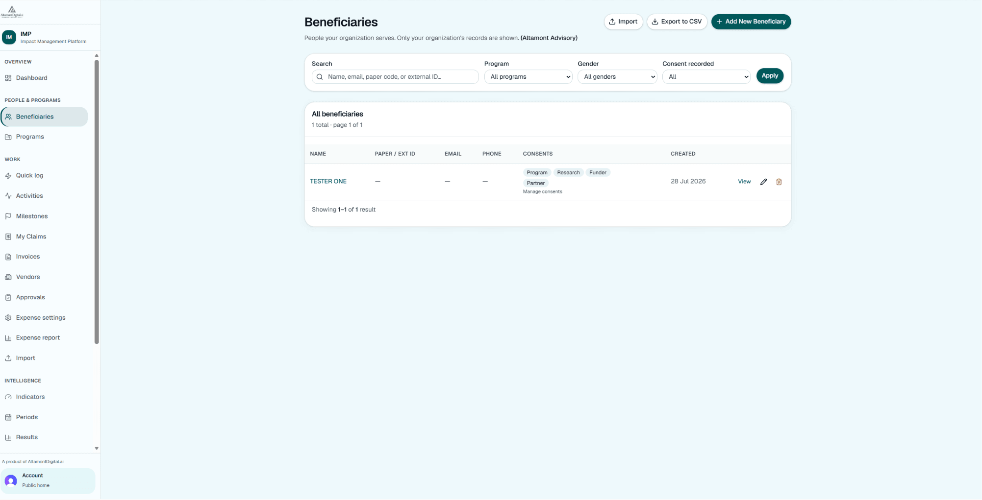 IMP beneficiary consent screen showing purpose badges and grant/revoke history