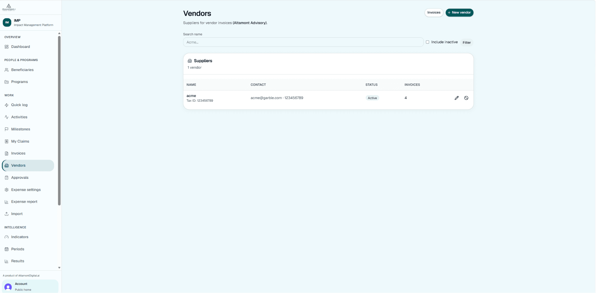 IMP vendor invoice detail with line items and approval audit timeline