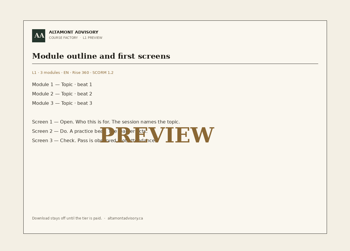 Course Factory preview window. Module outline and first storyboard screens, marked Preview.