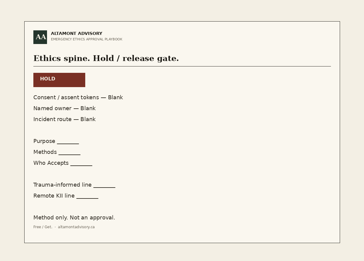 Emergency Ethics Approval Playbook. Ethics spine and hold/release gate.